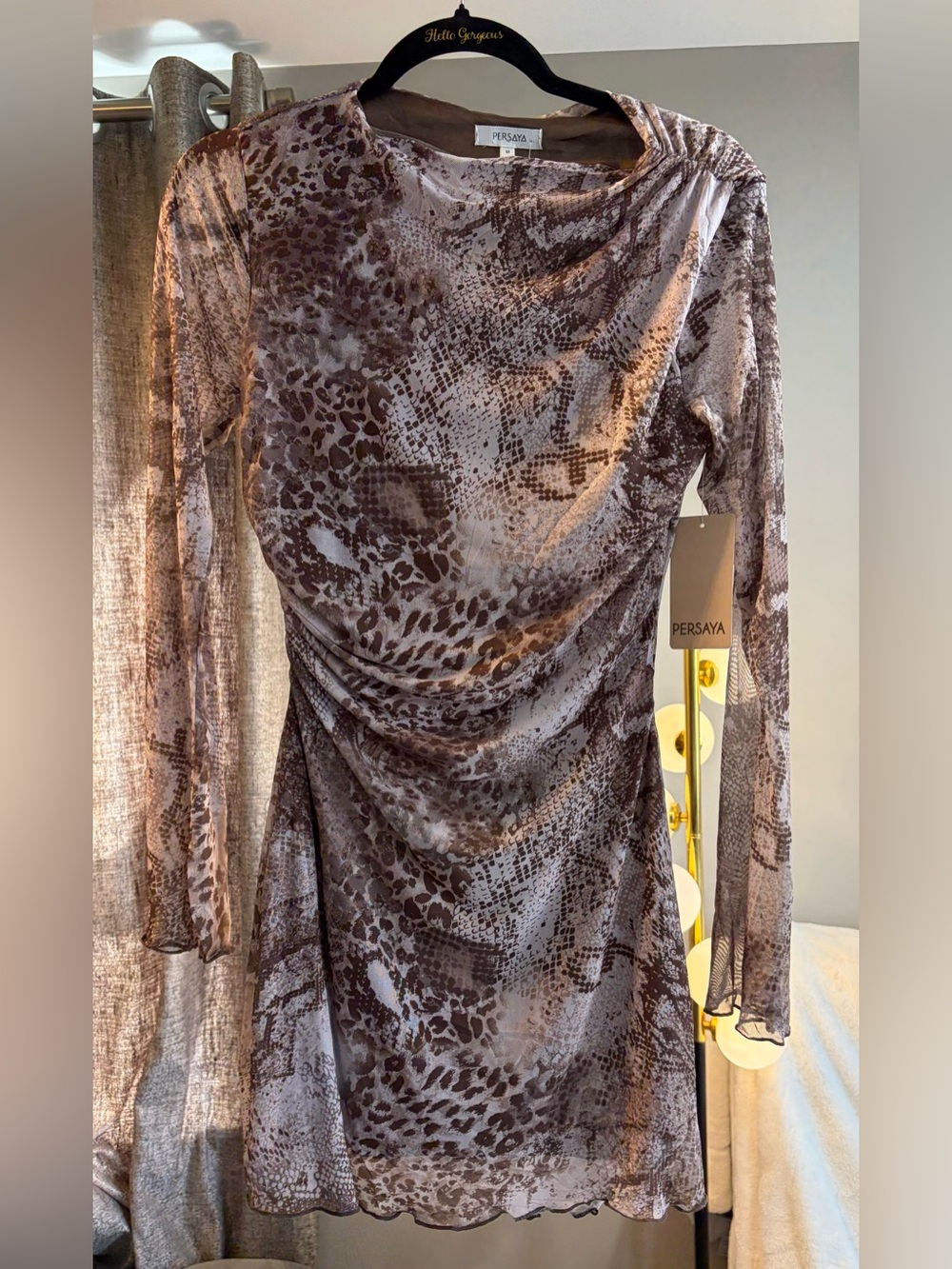 Persaya Brown & Cream Snake-Print Long Sleeve Dress